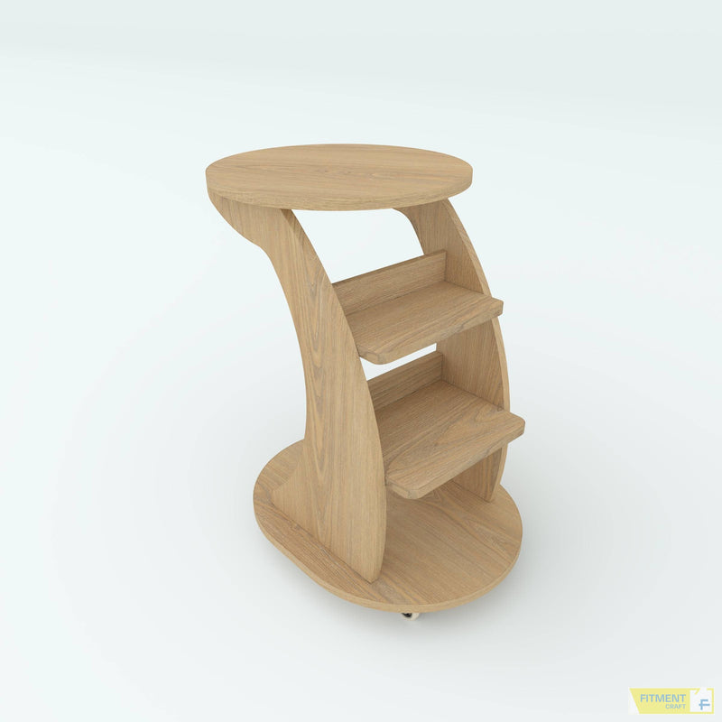 Wagon center table in a light brown wood-grain finish, viewed from above to show its round top and two shelves