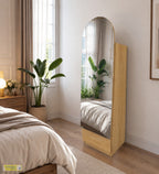 Minimalist bedroom vanity dresser with tall mirror and compact storage drawer