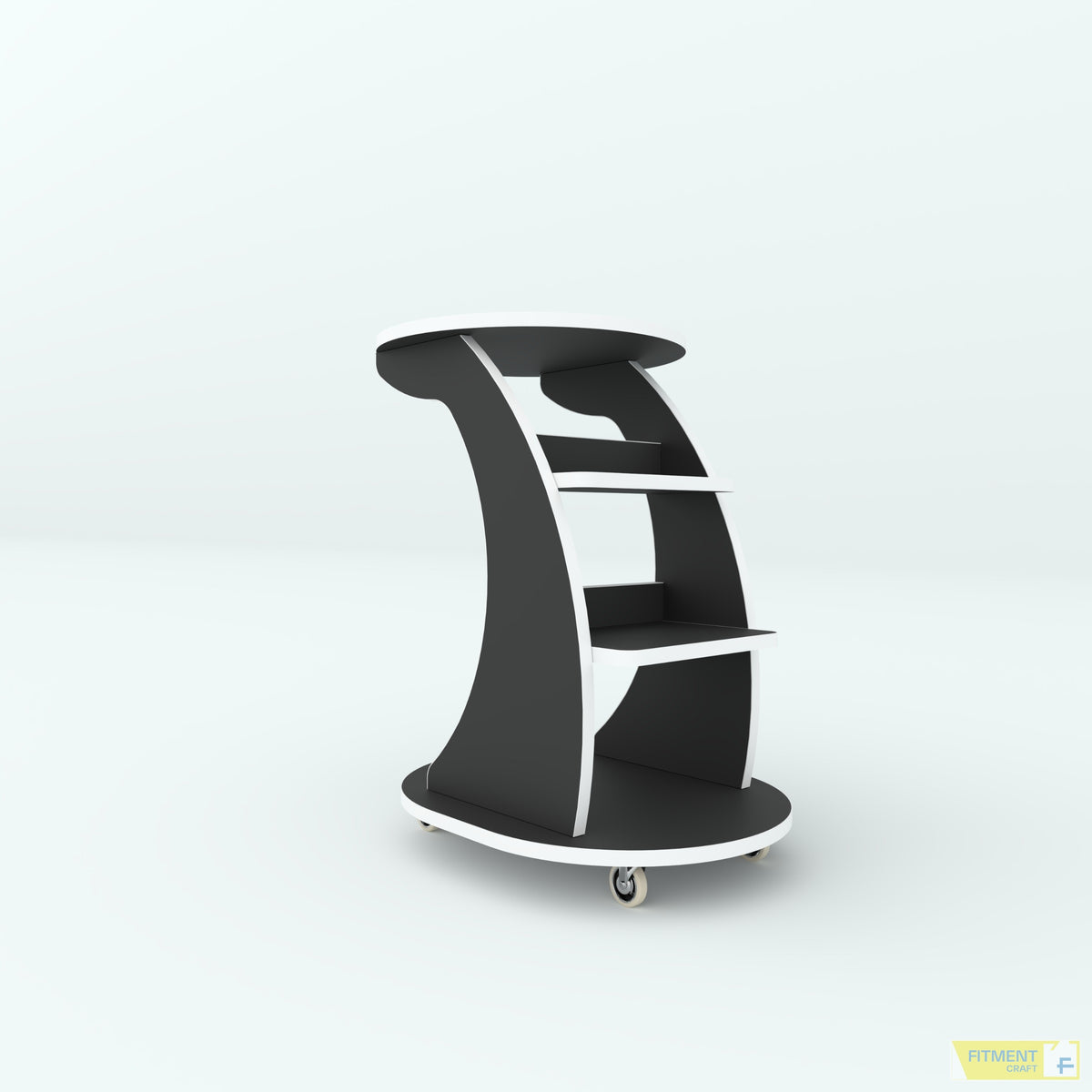 Wagon center table in black with white edging, two open shelves and caster wheels, angled view