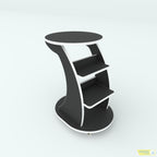 Wagon center table in black with white edging, viewed from above to show its round top and two shelves