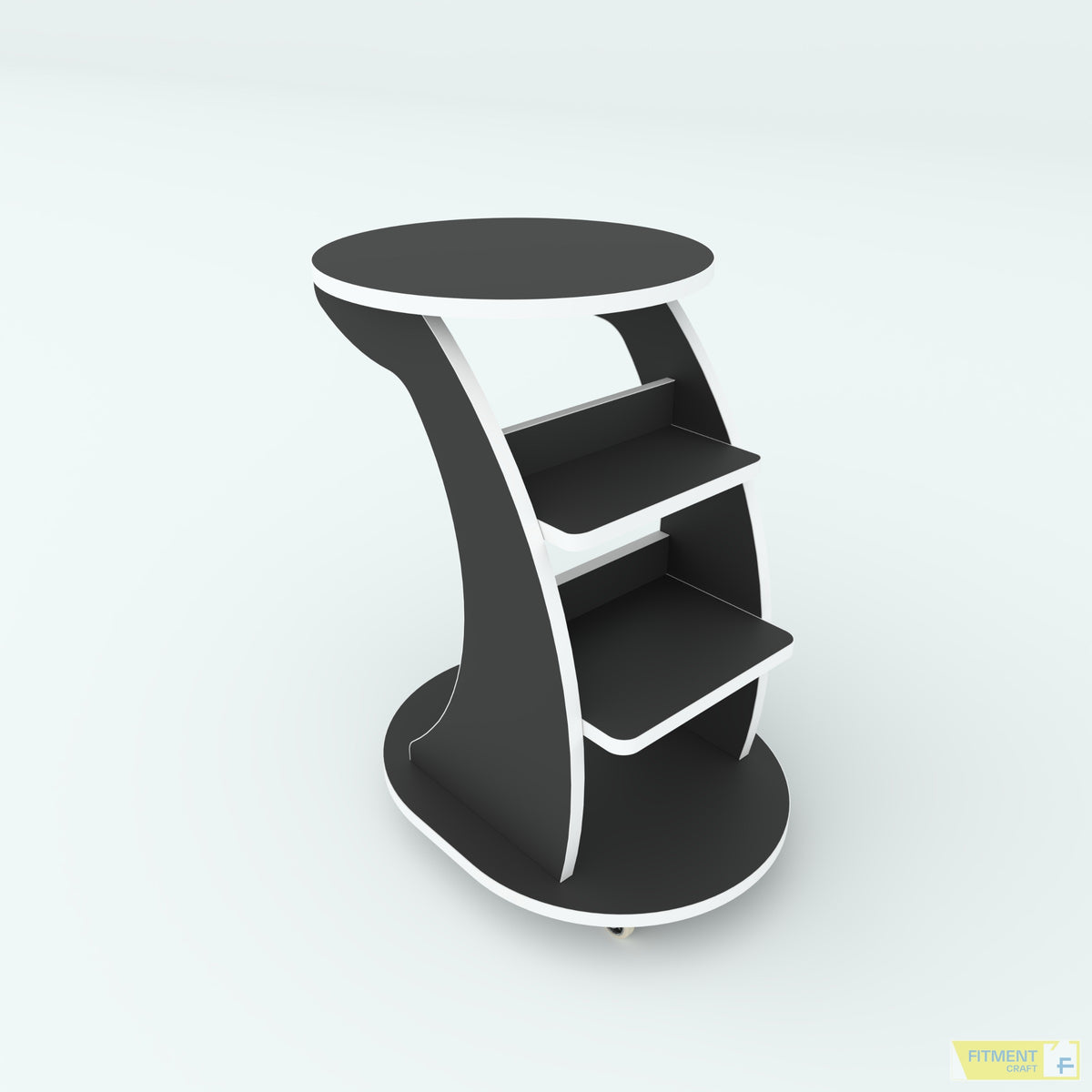 Wagon center table in black with white edging, viewed from above to show its round top and two shelves