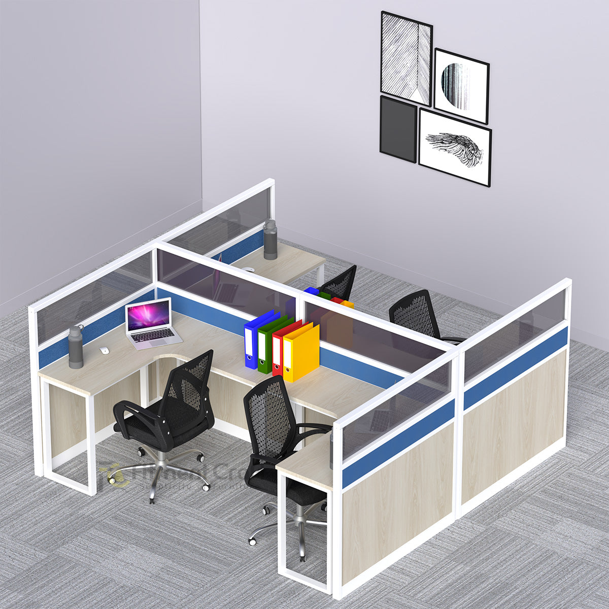 Quad workstation with intersecting dividers and black chairs in an office setting