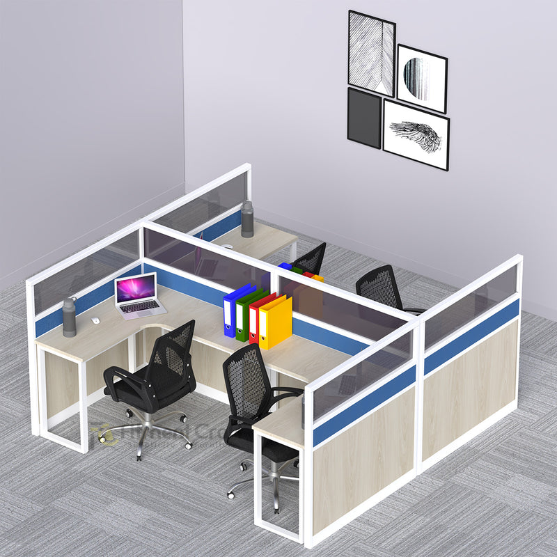 Quad workstation with intersecting dividers and black chairs in an office setting