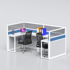 Quad workstation with blue divider panels and black office chairs, opposite angled view