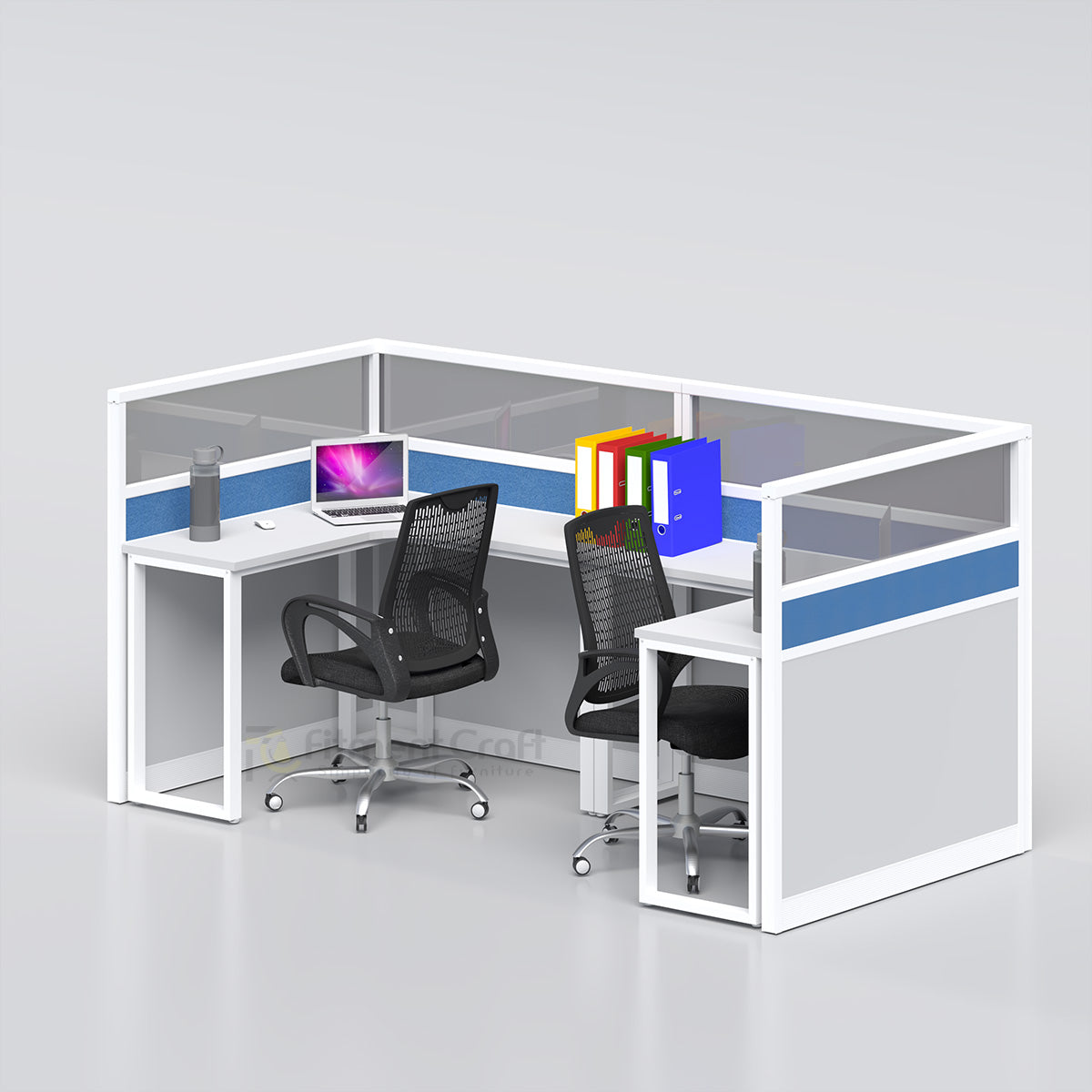 Quad workstation with blue divider panels and black office chairs, opposite angled view