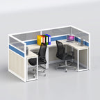 Quad workstation with blue panels, grey upper dividers and two black chairs, angled view