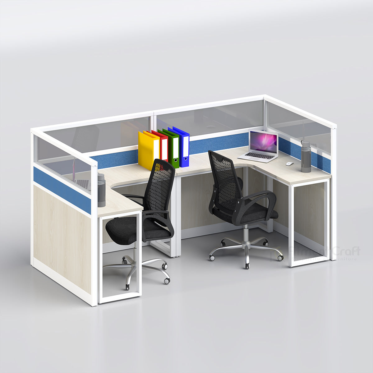 Quad workstation with blue panels, grey upper dividers and two black chairs, angled view