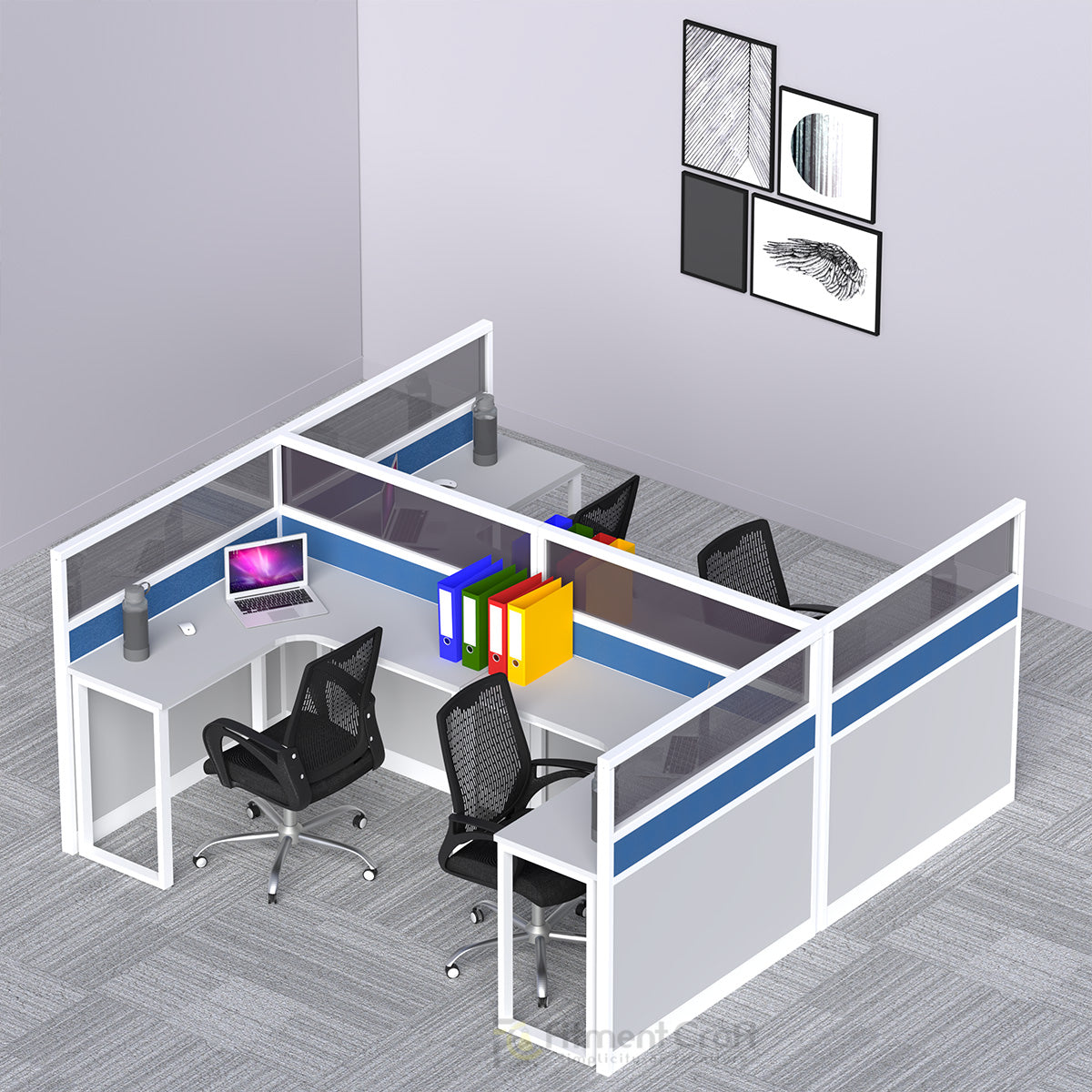 Quad workstation with grey desktops, white frame, blue divider strips and black chairs