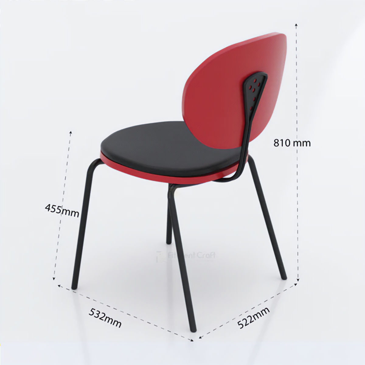 Red and black Spidy chair with round backrest and dimension arrows