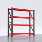 Red and black Walt industrial rack with four open shelf levels