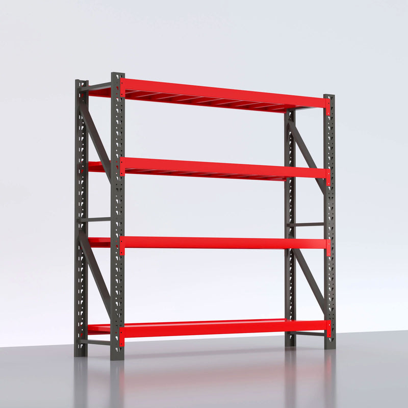 Red and black Walt industrial rack with four open shelf levels