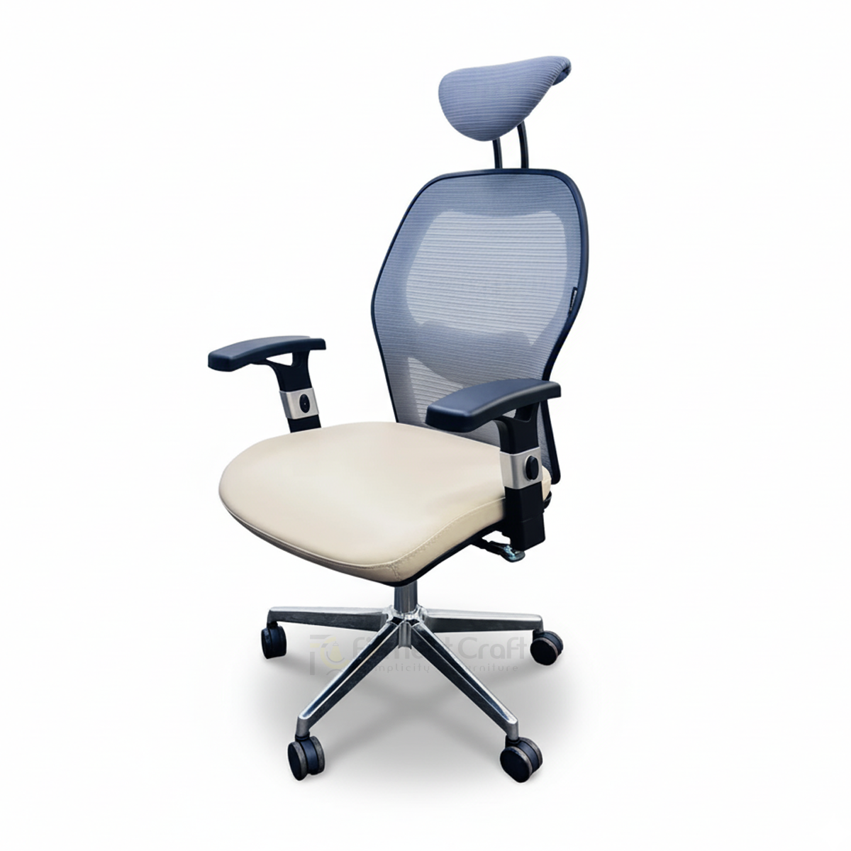 Angled view of Resonate Pro chair with grey mesh back, cream seat and headrest