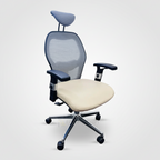 Mesh-back Resonate Pro office chair with blue headrest, cream seat and armrests