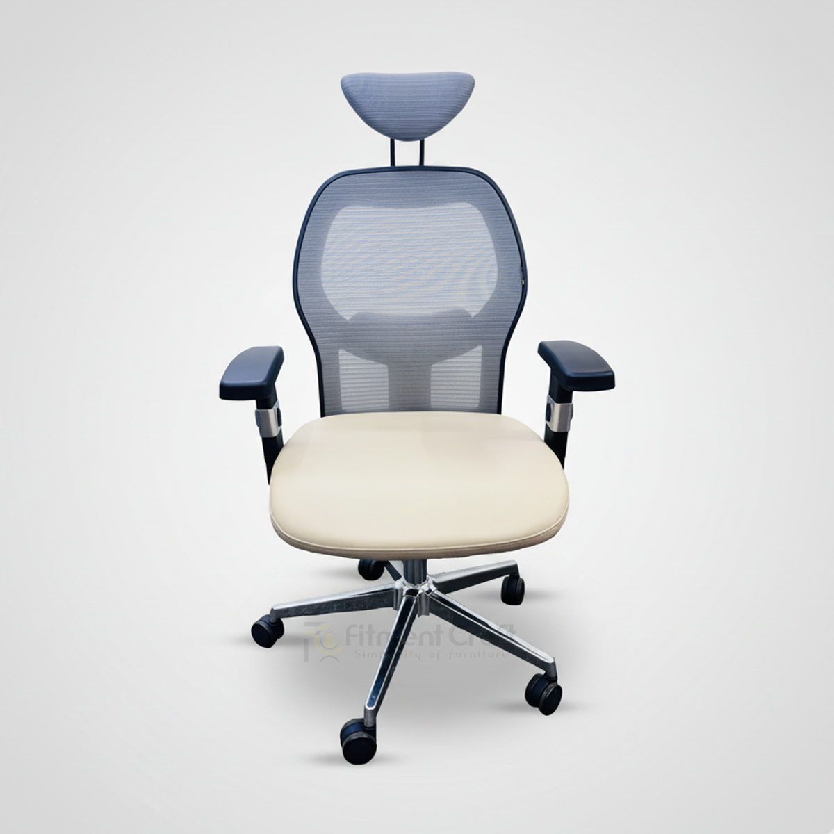 Front view of Resonate Pro chair with grey mesh back, cream seat and wheeled base