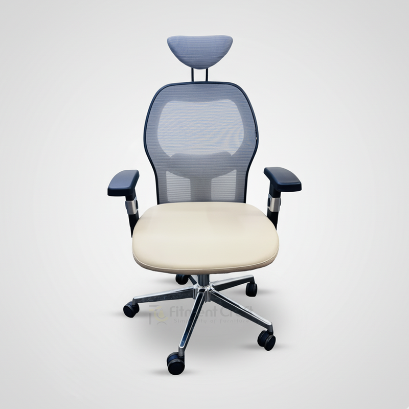 Front view of Resonate Pro chair with grey mesh back, cream seat and wheeled base