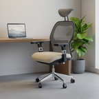 Resonate Pro office chair with grey mesh back, cream seat and headrest beside a desk