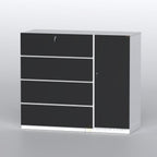 Black and white Retreat wardrobe with four wide drawer fronts and tall side door