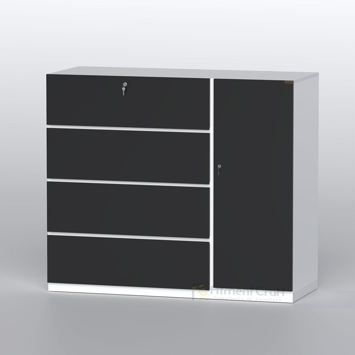 Black and white Retreat wardrobe with four wide drawer fronts and tall side door