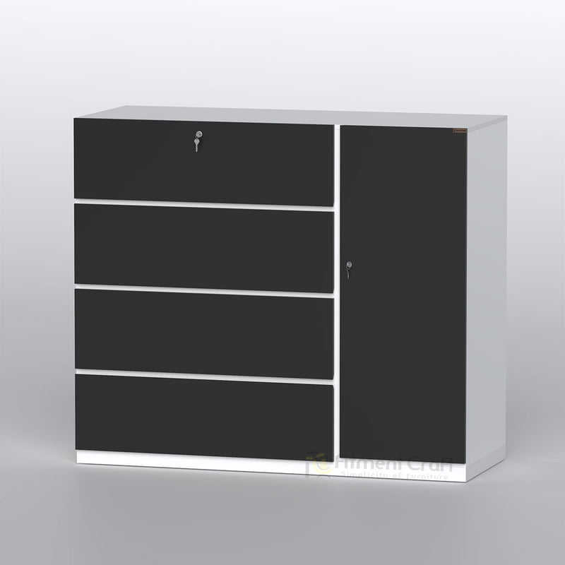 Black and white Retreat wardrobe with four wide drawer fronts and tall side door