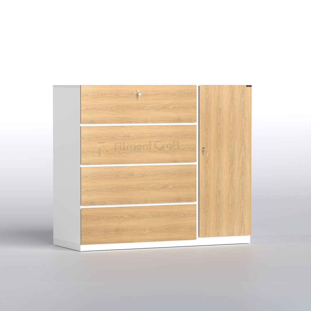 Low light-coloured Retreat wardrobe with wide drawers and a side cupboard