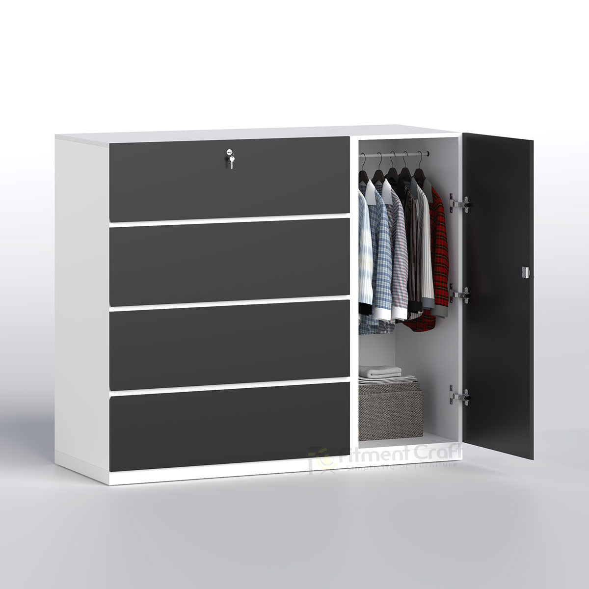 Retreat wardrobe with side door open showing hanging clothes and lower storage