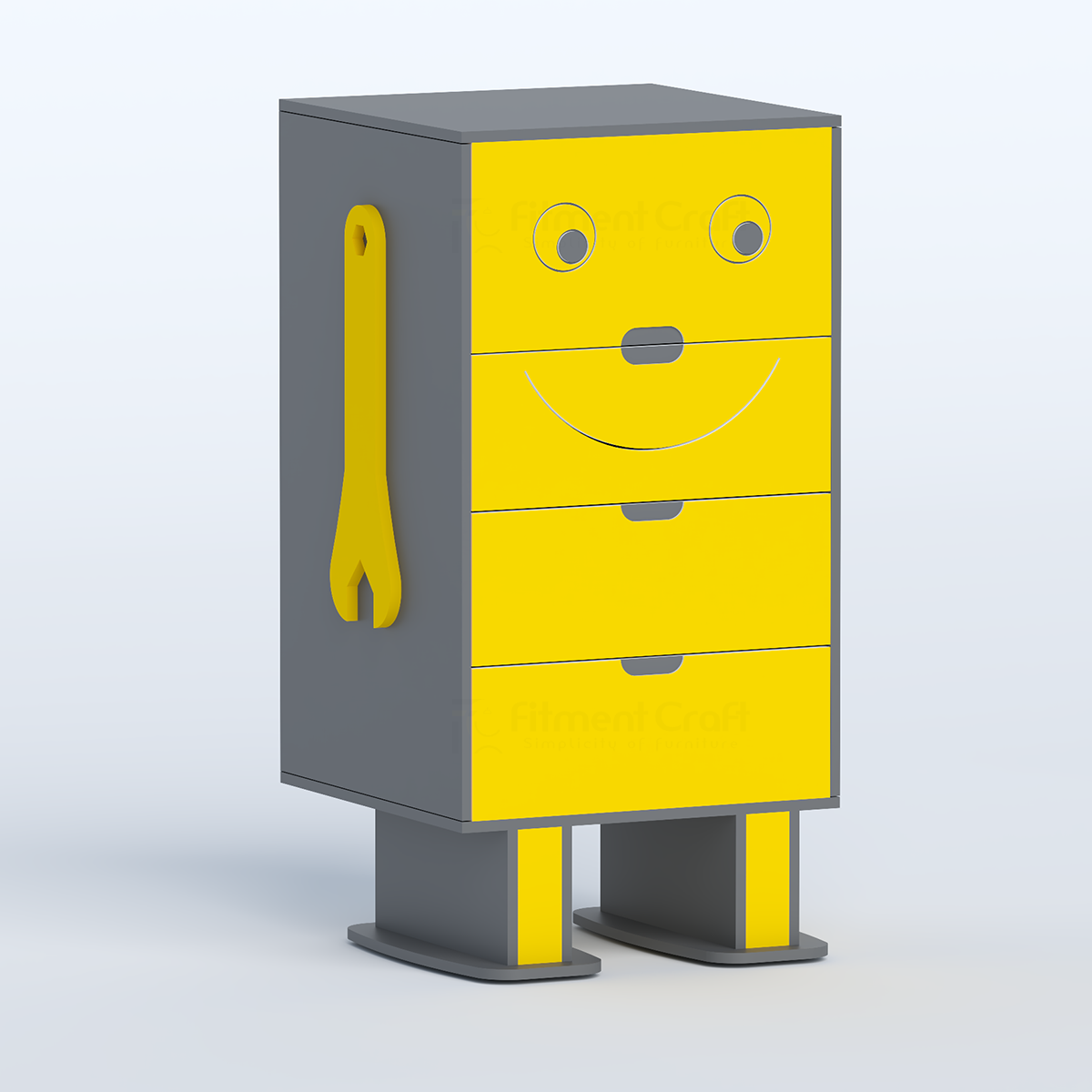 Grey and yellow Rocket drawer cabinet with smiling face front and wrench-shaped side accent