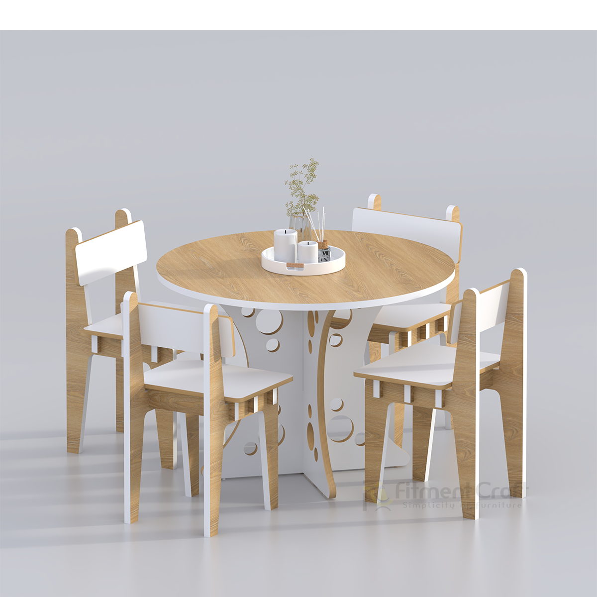 Round Meal dining table with wood-tone top, white pedestal and four matching chairs