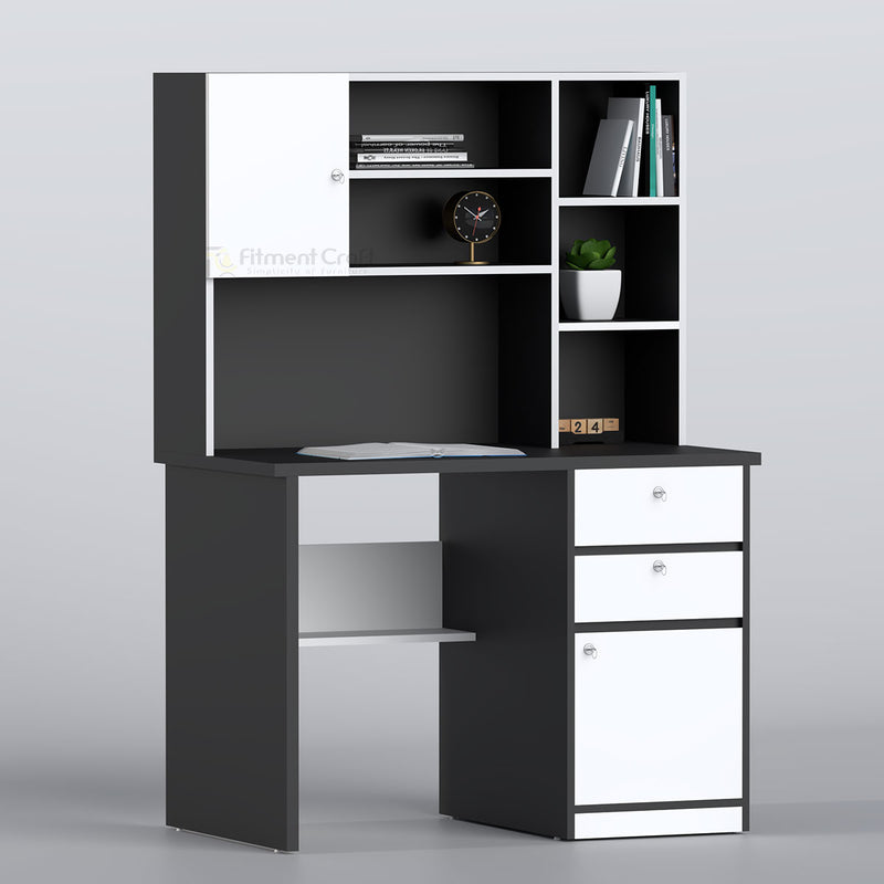 Black and white Routine study desk with overhead shelves and side drawers