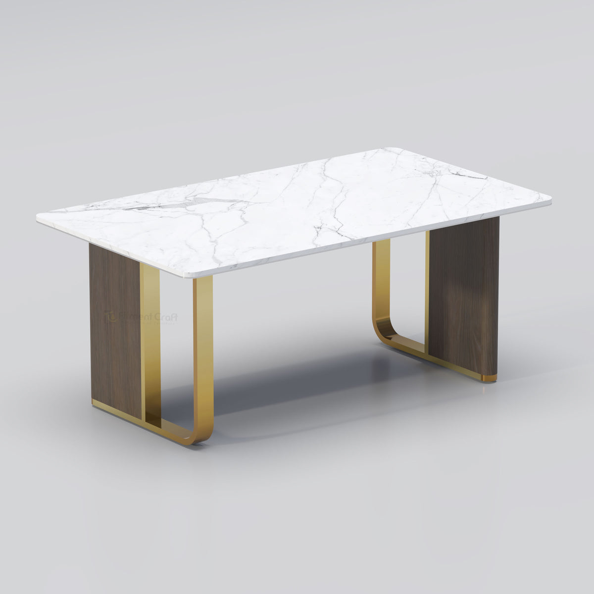 Royalia dining table with white veined top, dark panel supports and gold-tone frame
