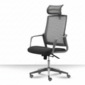 Grey Rufatas office chair with mesh back, headrest and wheeled base