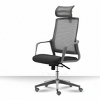 Grey Rufatas office chair with mesh back, headrest and wheeled base