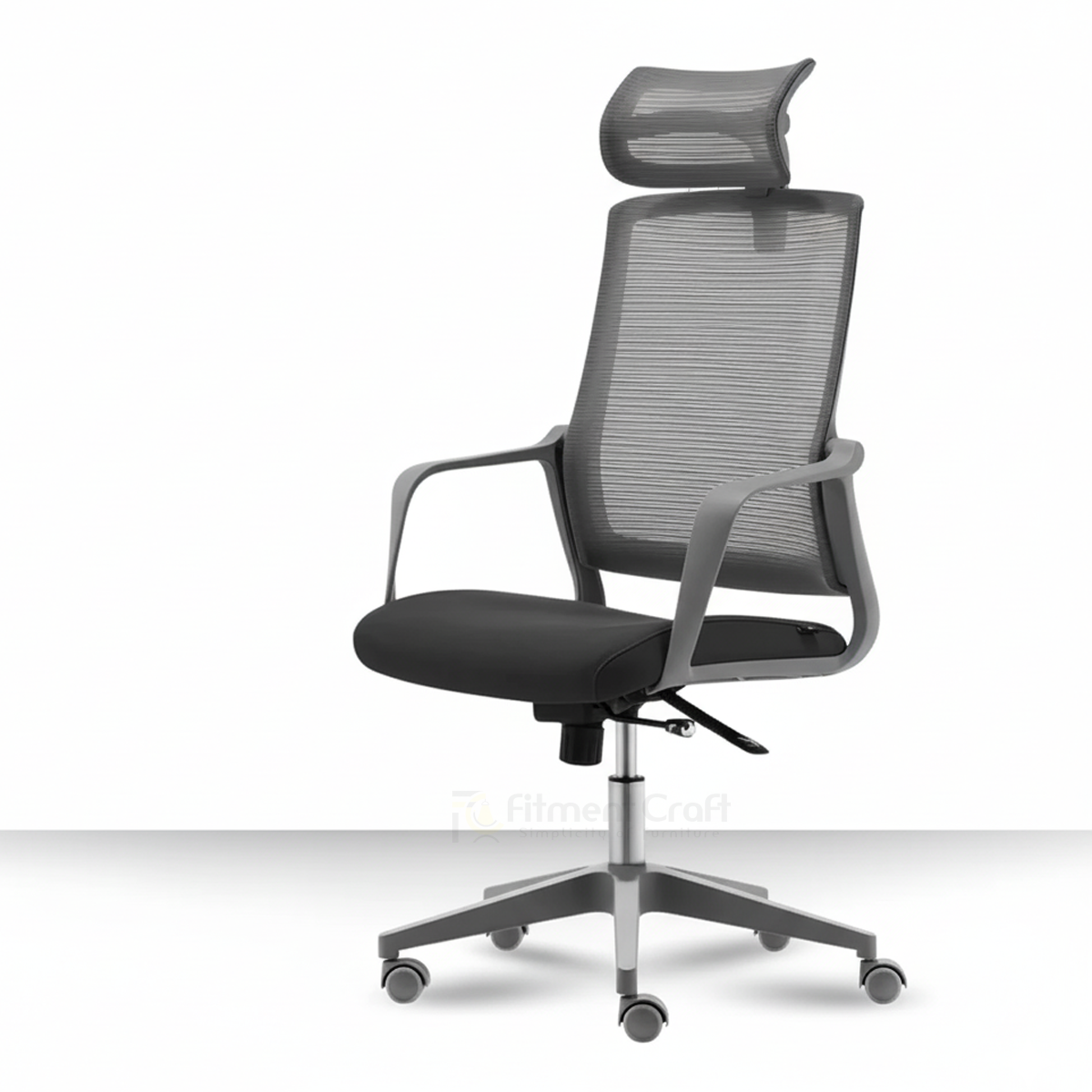 Grey Rufatas office chair with mesh back, headrest and wheeled base
