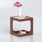 Brown Satin side table with pale tray-style top, large side opening and lower shelf