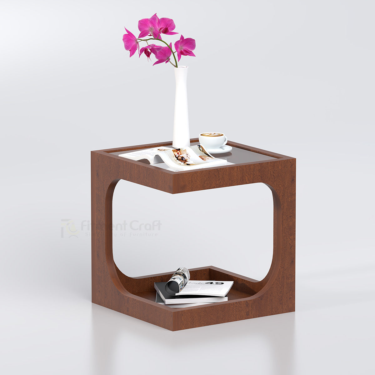 Brown Satin side table with pale tray-style top, large side opening and lower shelf