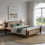 Signature bed with brown posts, woven-look panels and green bedding in a bedroom