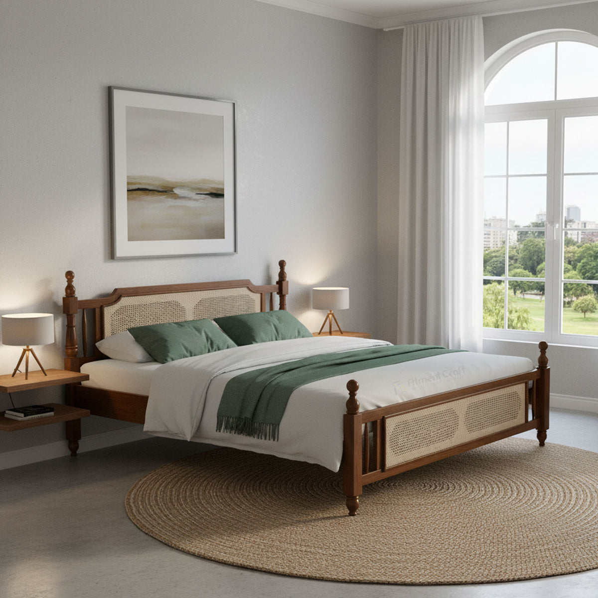 Signature bed with brown posts, woven-look panels and green bedding in a bedroom