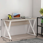 Solace desk with pale desktop and white crossed legs, dimension diagram