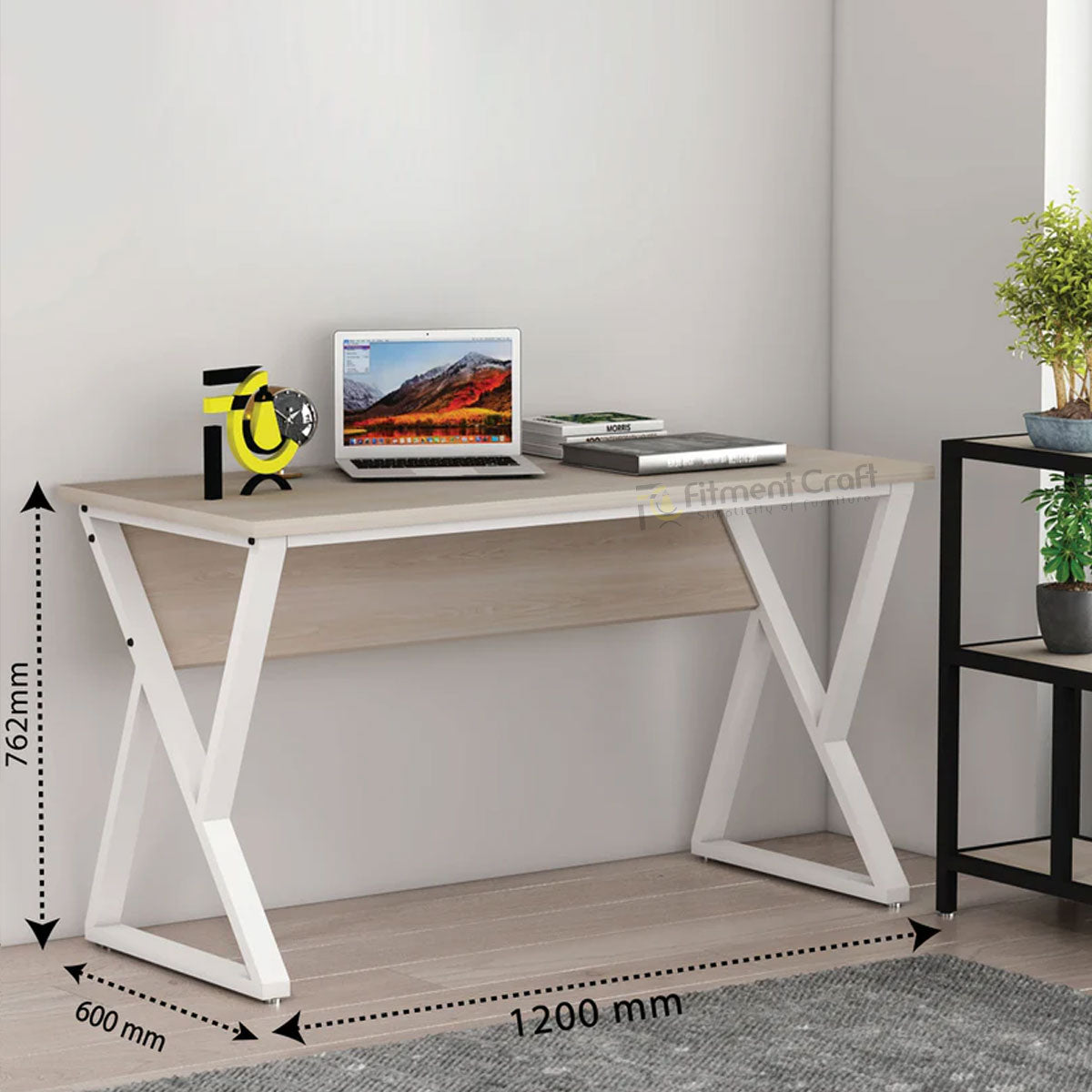 Solace desk with pale desktop and white crossed legs, dimension diagram