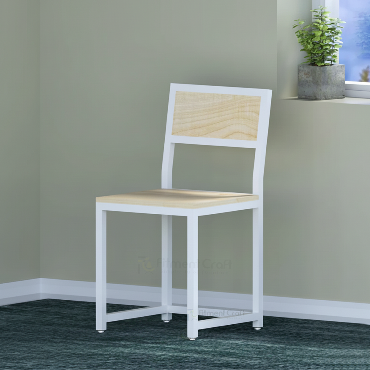 Steely dining chair with white frame and light wood-tone seat and back panels