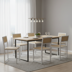 Steely dining chairs with white frames and light wood-tone panels around a table