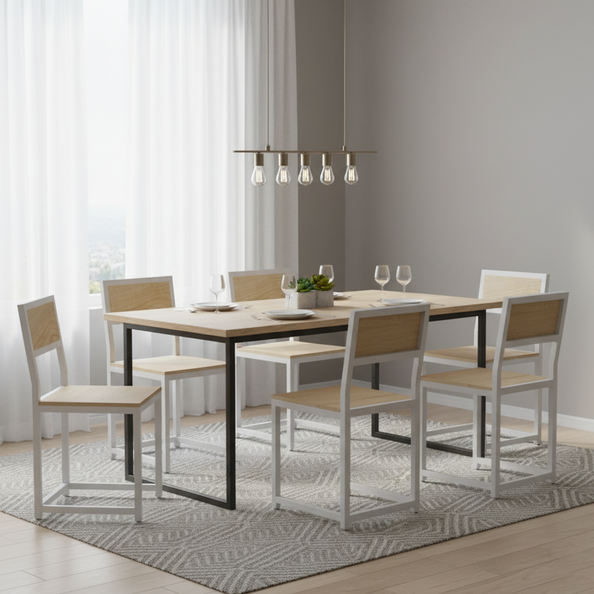 Steely dining chairs with white frames and light wood-tone panels around a table