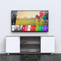 Subtitle TV cabinet with white side doors and dark open centre shelves beneath a TV