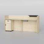 Rear view of pale Suniha reception desk with mobile cabinet and dark raised counter