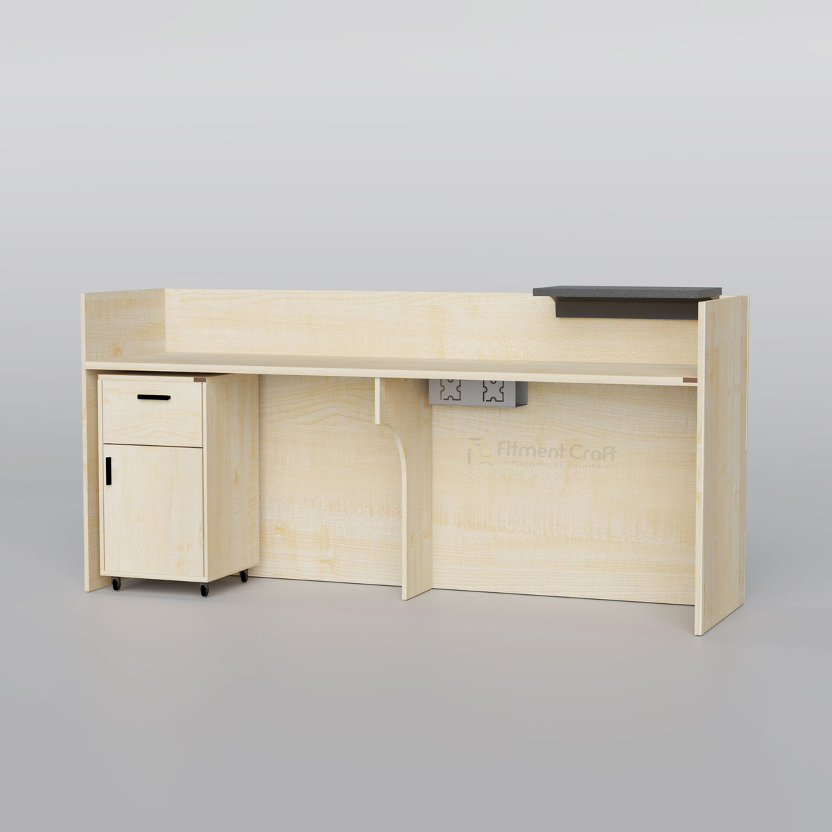 Rear view of pale Suniha reception desk with mobile cabinet and dark raised counter