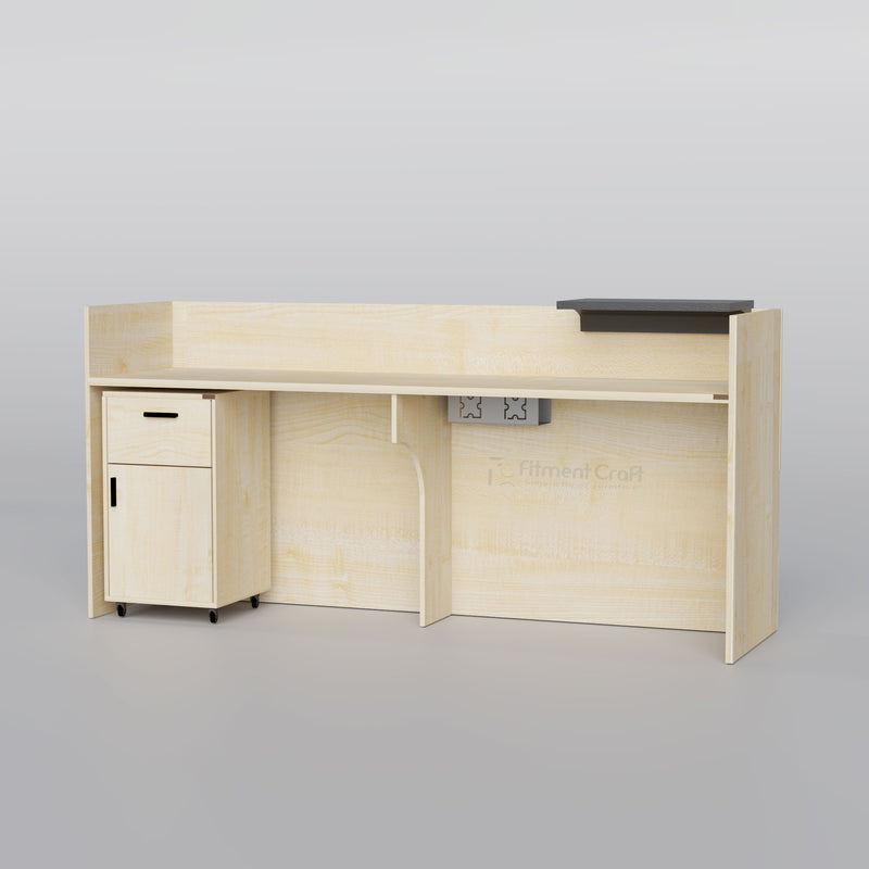Rear view of pale Suniha reception desk with mobile cabinet and dark raised counter