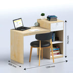 Supty study desk dimension diagram with chair, cupboard and open shelves