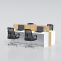 Team Hub workstation with wood-tone centre dividers, white desks, laptops and black chairs