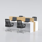 Team Hub workstation with wood-tone centre dividers, white desks, laptops and black chairs
