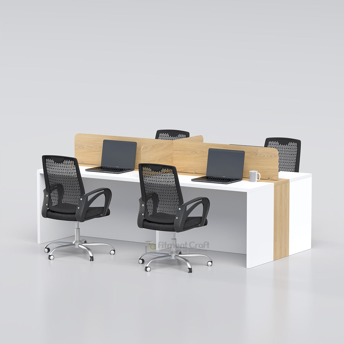 Team Hub workstation with wood-tone centre dividers, white desks, laptops and black chairs