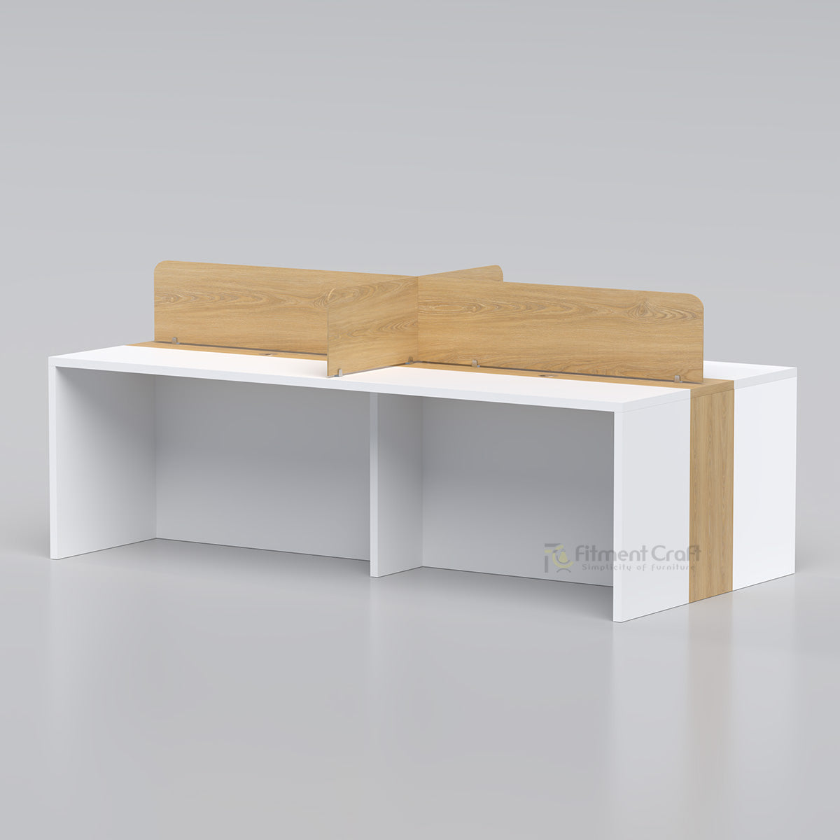 Team Hub workstation with white panel bases and cross-shaped wood-tone dividers